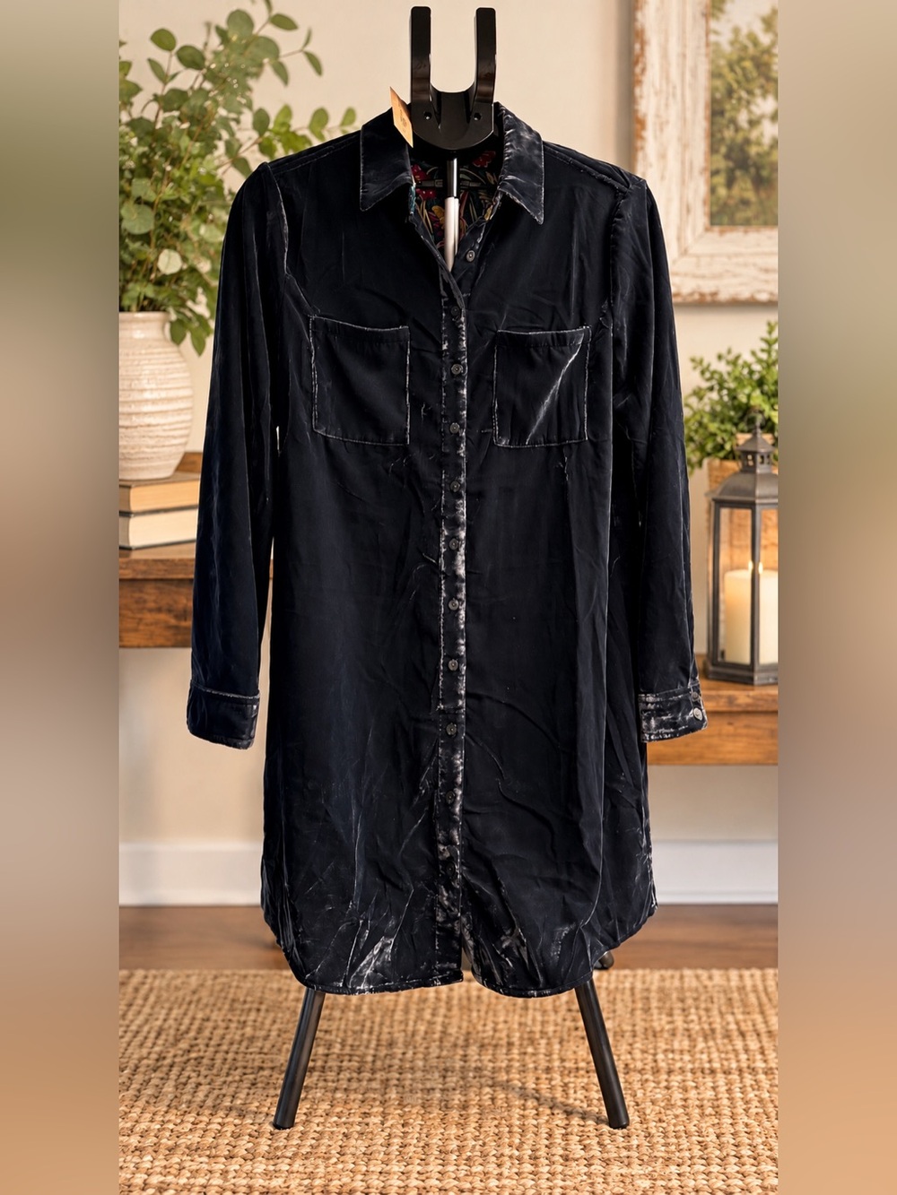 Natural Life Velvet Shirt Dress Medium Black Floral Cuff Boho Tunic NWT